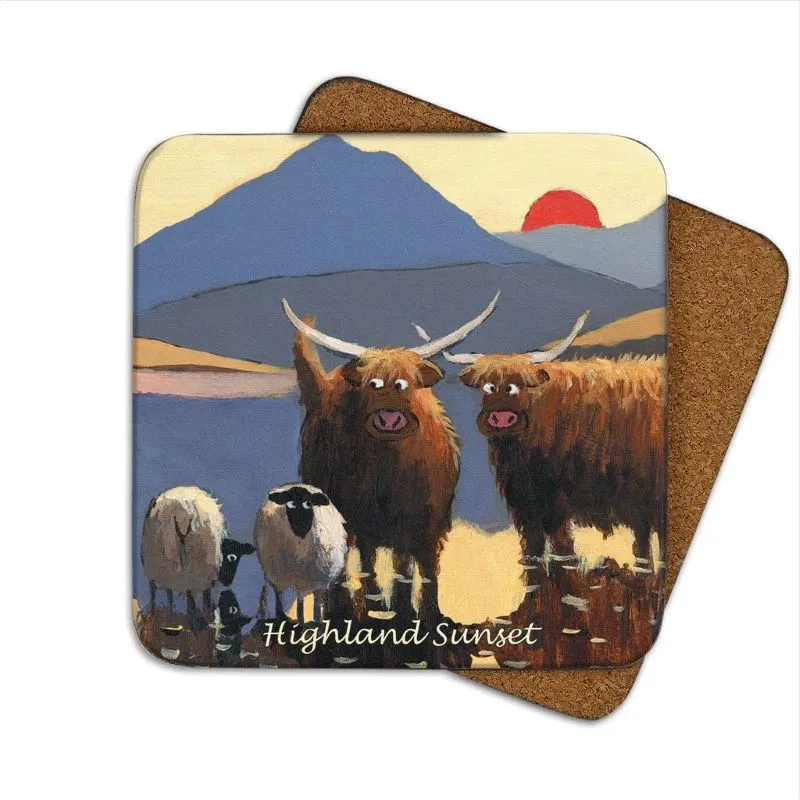 D68711 HIGHLAND SUNSET Cork Base Sheep Irish Coaster Gaelsong