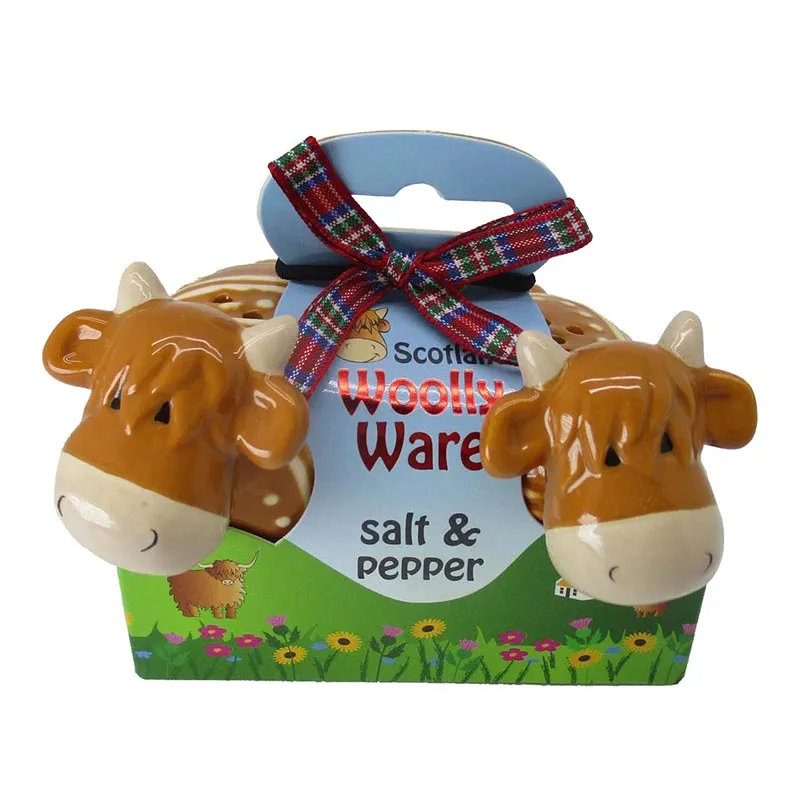 D68715 SALT PEPPER Handpainted Highland Cow Ceramic Kitchen Set Gaelsong