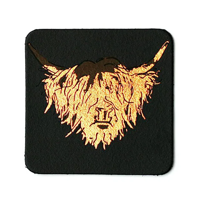 D68718 COW Scottish Emblem Genuine Black Leather Coasters Gaelsong