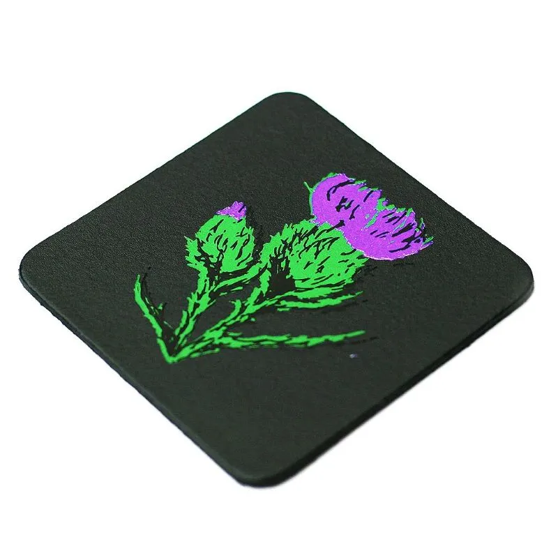 D68718 THISTLE Scottish Emblem Genuine Black Leather Coasters Side View  Gaelsong