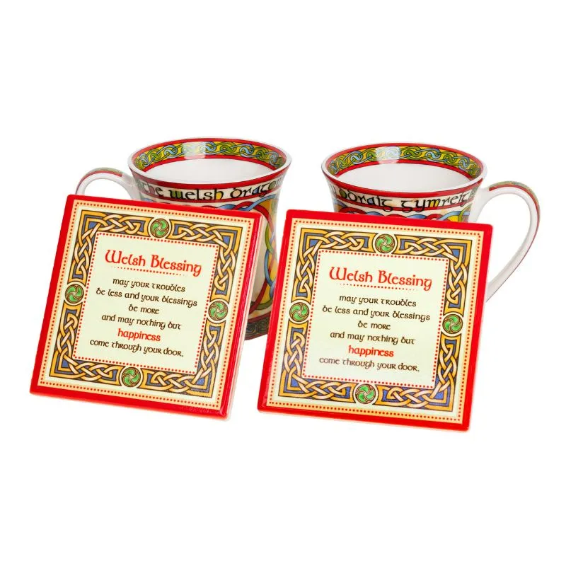 D68738 Colorful Welsh Coaster & Porcelain Mug Set 2 Mugs and Coasters Gaelsong