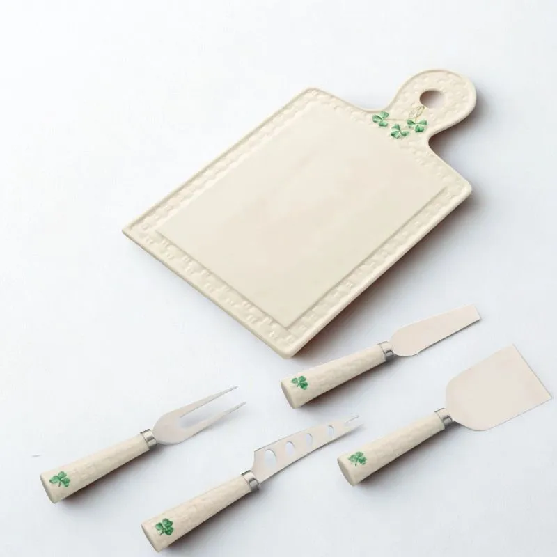 Hand-Painted Irish Shamrock Cheese Knife Set & Board