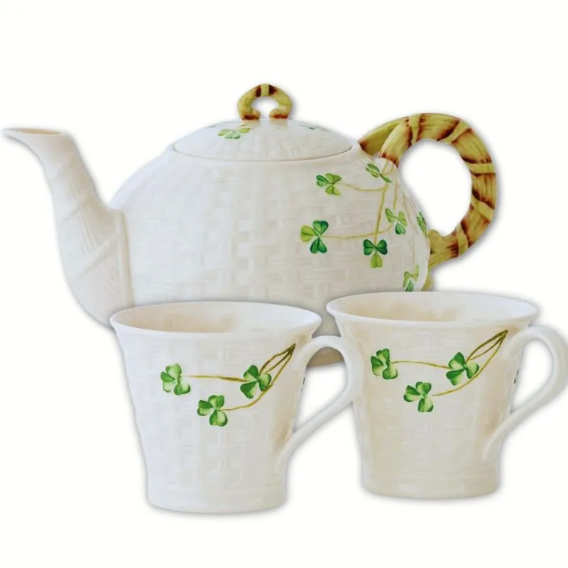  Hand-Painted Irish Shamrock Teapot With 2 Cups