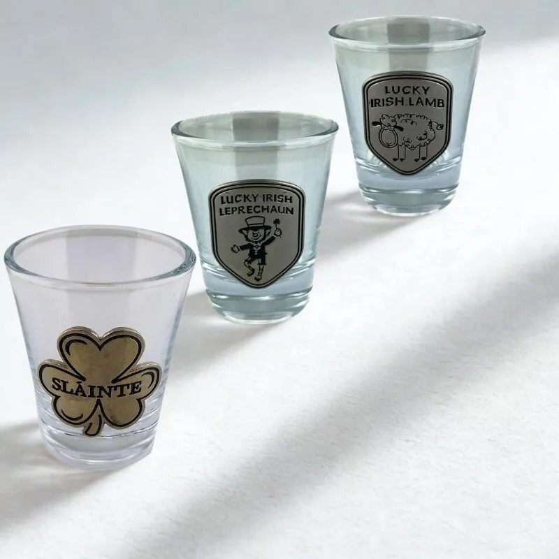 D68745 Irish Souvenir Shot Glasses with Pewter Engravings Set of 3 Gaelsong