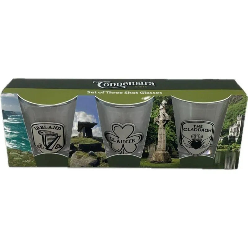 D68745 Irish Souvenir Shot Glasses with Pewter Engravings Set of 3 Gaelsong