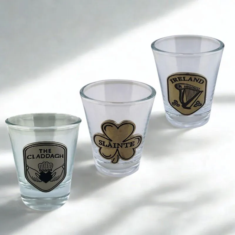 Irish Souvenir Shot Glasses with Pewter Engravings Set of 3