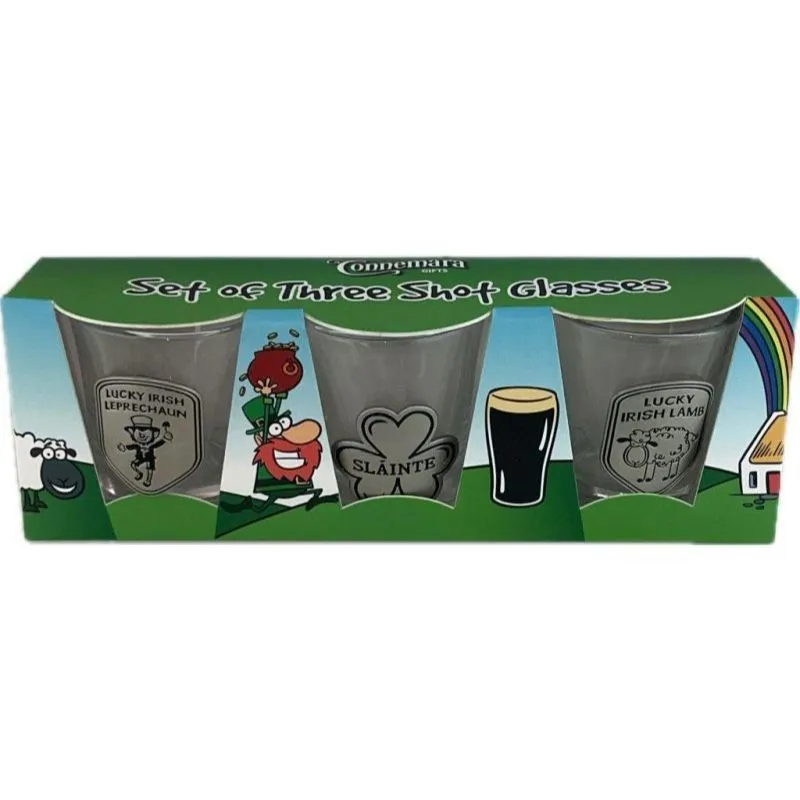 D68745 Irish Souvenir Shot Glasses with Pewter Engravings Set of 3 Gaelsong