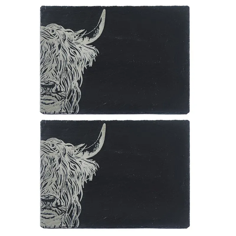 D80075 Handcrafted Slate Highland Cattle Placemat Set Studio Gaelsong