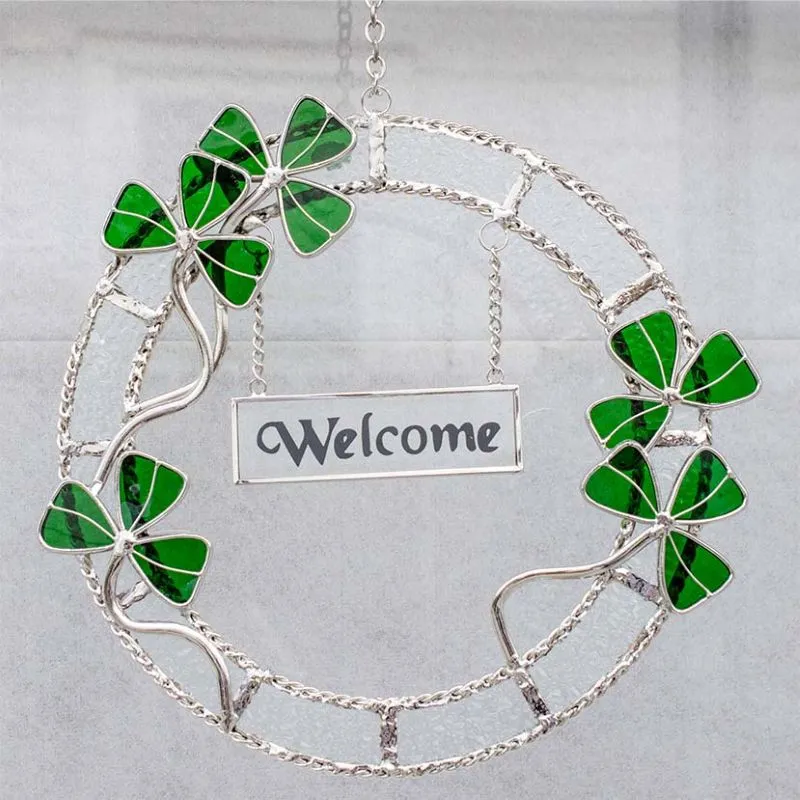 D91319 Handcrafted Glass Shamrock Welcome Wreath Gaelsong