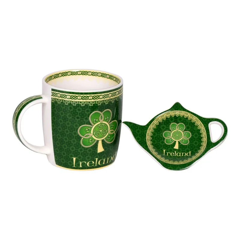 F10059 Shamrock Spiral Irish Tea Collection Mug and Tea Bag Holder Gaelsong