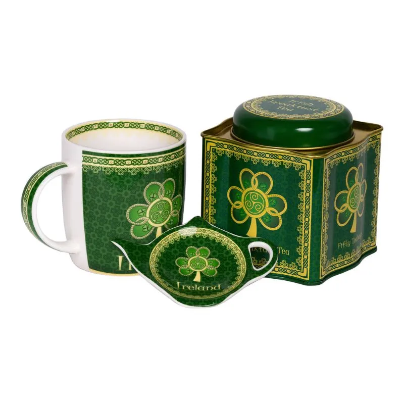 F10059  Shamrock Spiral Irish Tea Collection Mug and Tea Bag Holder Gaelsong