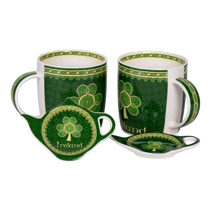 F10059  Shamrock Spiral Irish Tea Collection 2 Mug and 2 Tea Bag Holder Gaelsong