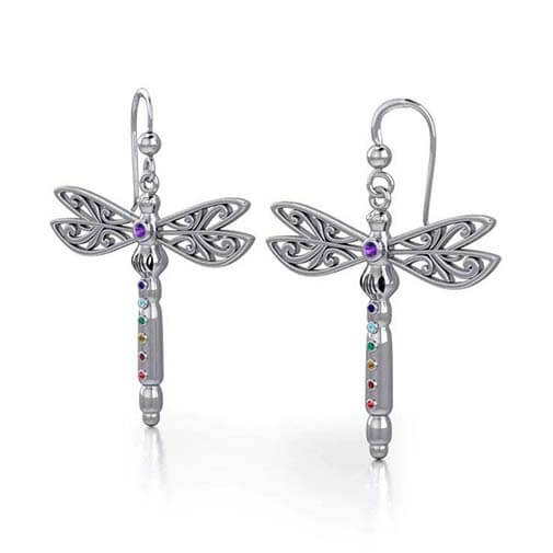 Silver Dragonfly Earrings with Chakra Gemstone