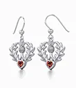 J13796 Thistle Drop Earrings with Heart Genuine Garnet Gemstone Gaelsong 