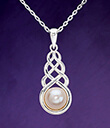 Knotwork & Pearl Pendant of Sterling Silver and Freshwater Pearl on Blue Background Gaelsong