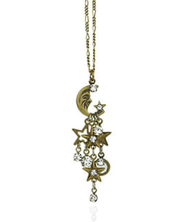 Crystal Crescent Moon and Stars Charm Necklace