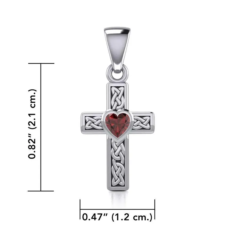 J24429 Miracle Celtic Cross Pendant with Genuine Garnet Heart Gem Measure Gaelsong