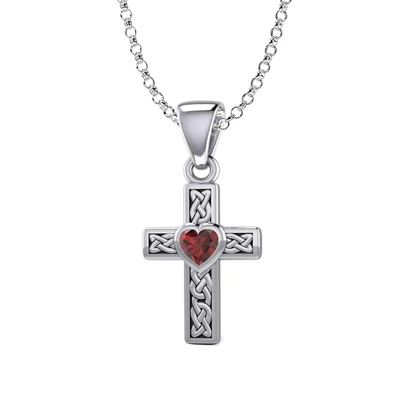 J24429 Miracle Celtic Cross Pendant with Genuine Garnet Heart Gem Gaelsong