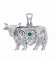 J24439EG Highland Cow Thistle Pendant with Emerald Glass Gemstone Gaelsong 