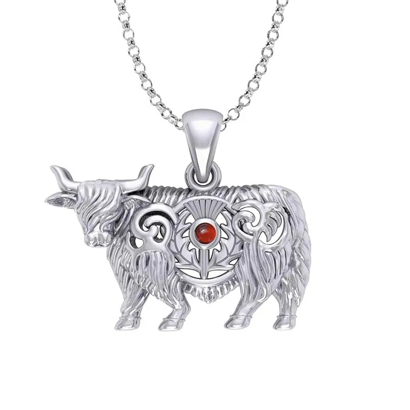 J24439GG Highland Cow Thistle Pendant with Genuine Garnet Gemstone Chain Gaelsong 