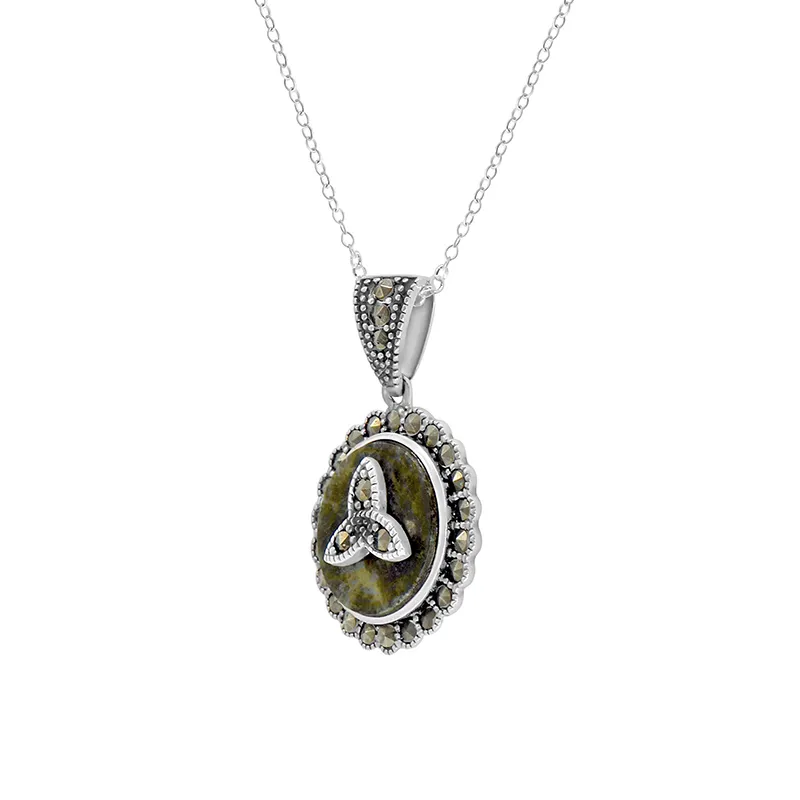 J24466 Marcasite Trinity Knot Connemara Marble Pendant Side View Gaelsong