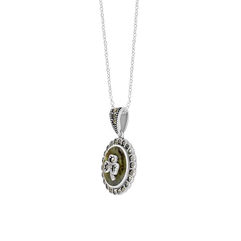 J24467 Marcasite Shamrock Connemara Marble Necklace Side View Gaelsong