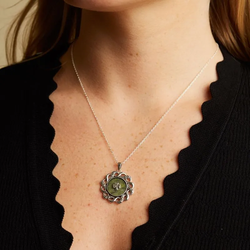 J24468 Interlaced Marcasite Shamrock Connemara Marble Pendant Lifestyle Gaelsong