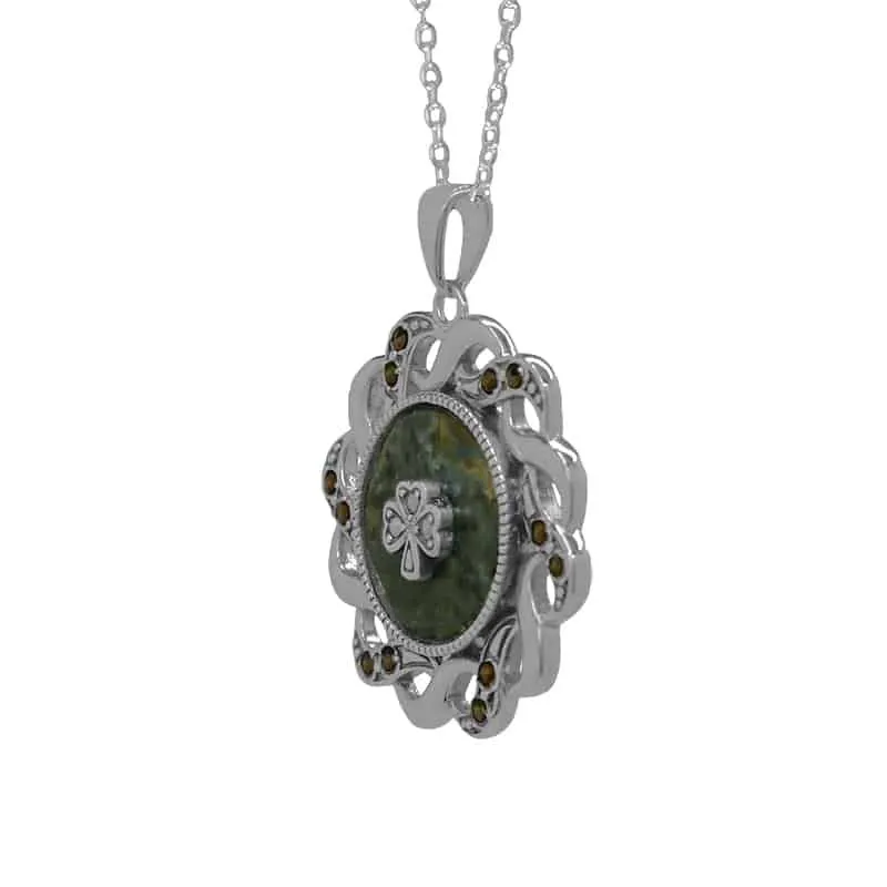 J24468 Interlaced Marcasite Shamrock Connemara Marble Pendant Side View Gaelsong