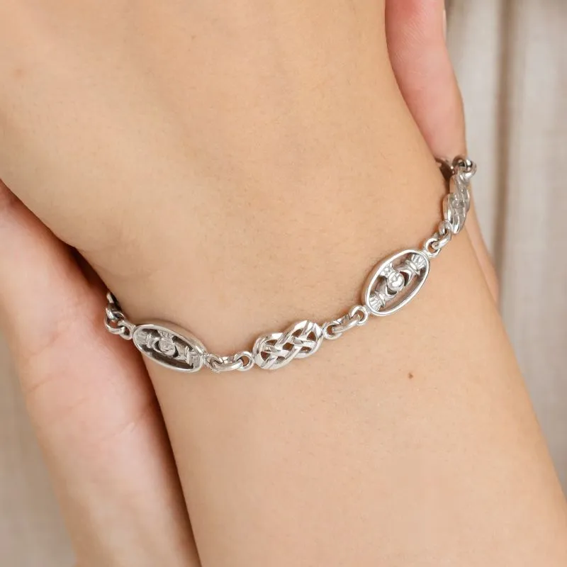 J52198S Sterling Silver Claddagh Celtic Knot Charm Bracelet Closeup View Gaelsong 