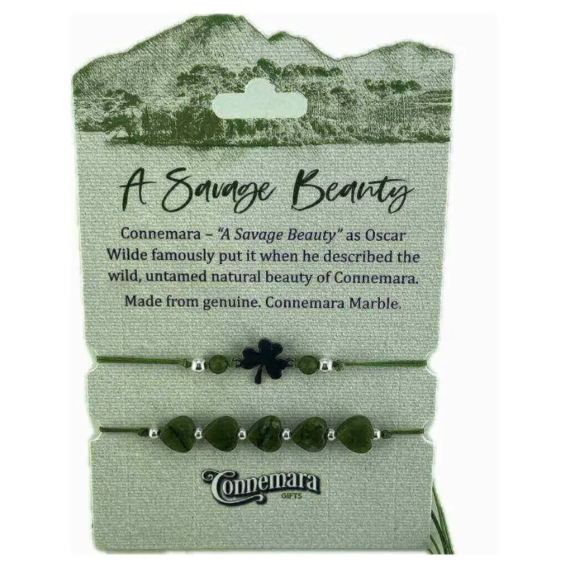 J52227 Irish Connemara Marble Bracelets with Charms Set of 2 Shamrock Gaelsong