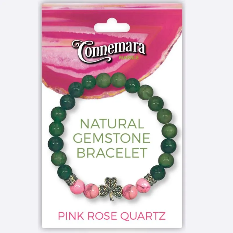 J52228 Connemara Marble Stretch Bracelet with Crystals & Charms Pink Rose Gaelsong