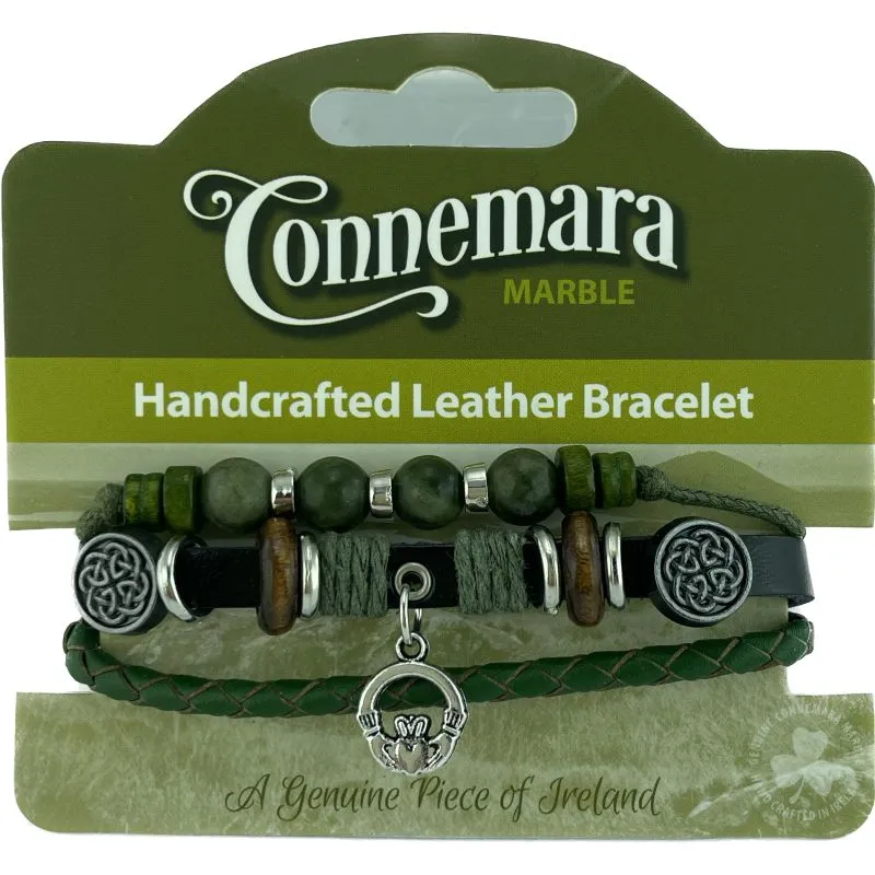 J52231 Handmade Connemara & Leather Bracelet with Celtic Charms Claddach Gaelsong