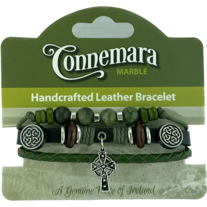 J52231 Handmade Connemara & Leather Bracelet with Celtic Charms Celtic Cross Gaelsong