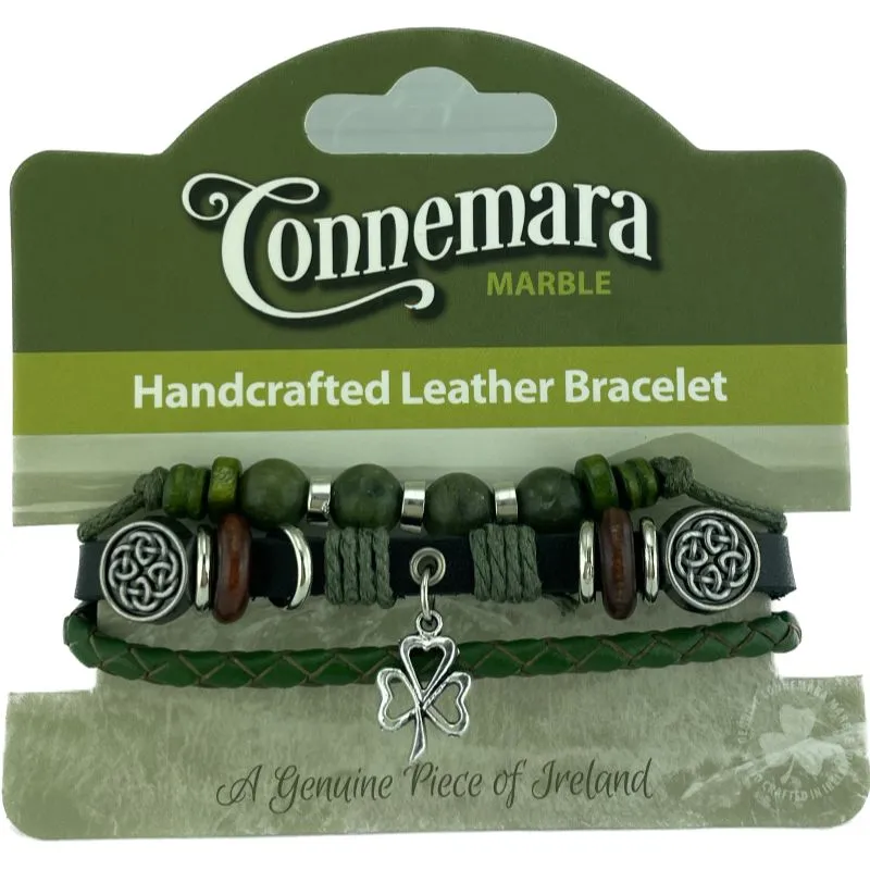 J52231 Handmade Connemara & Leather Bracelet with Celtic Charms Shamrock Gaelsong
