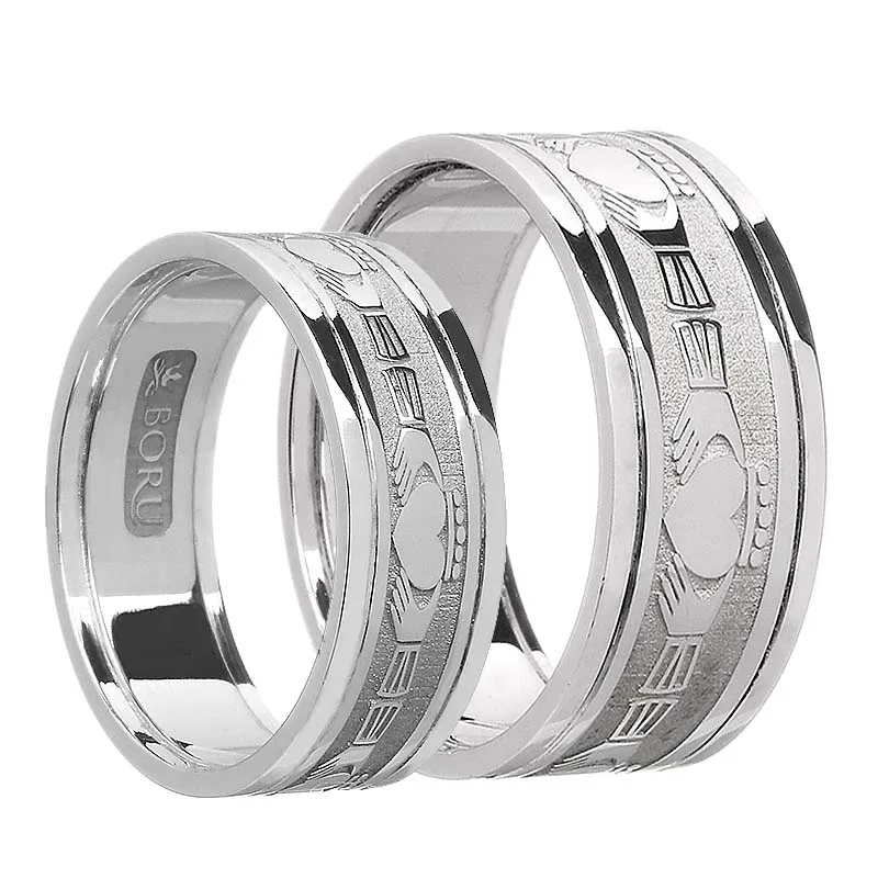 Embossed 10K White Gold Claddagh Band