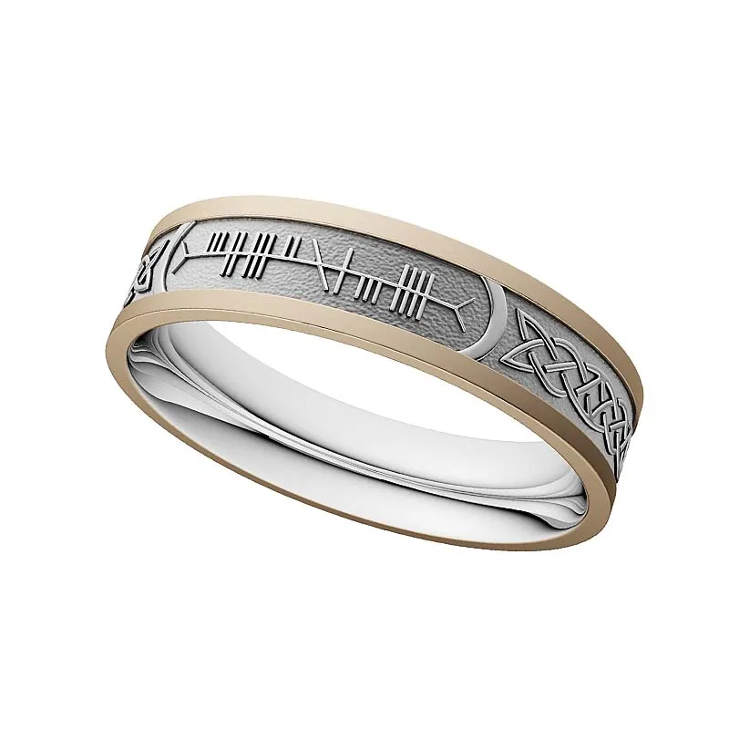 J74017 LRG 10K Gold Ogham Two Tone Celtic Wedding Bands Gaelsong