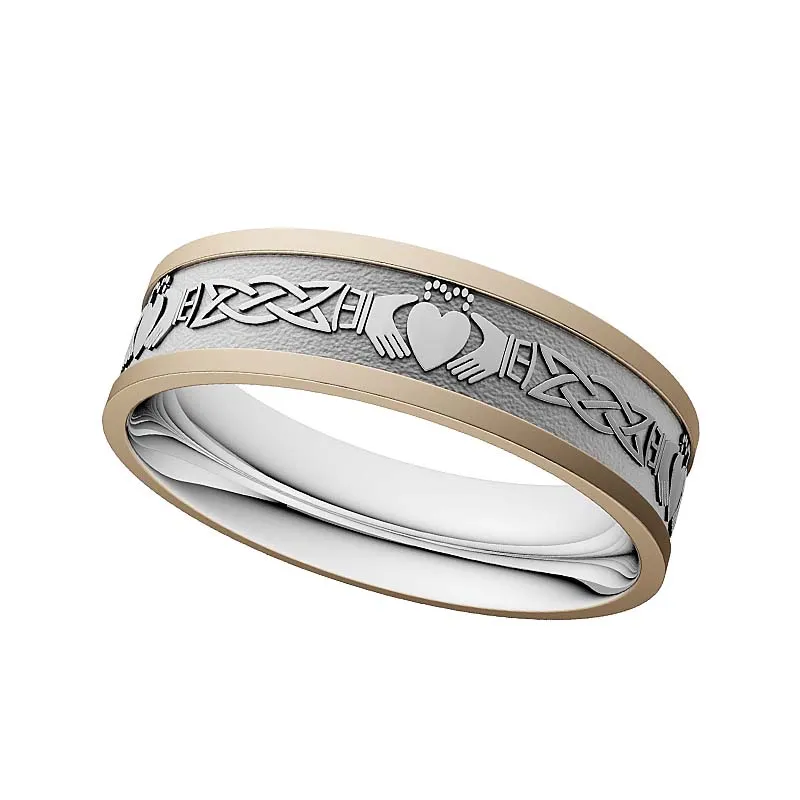 J74019 LARGE Handcrafted Two Tone 10k Gold Claddagh Band Gaelsong