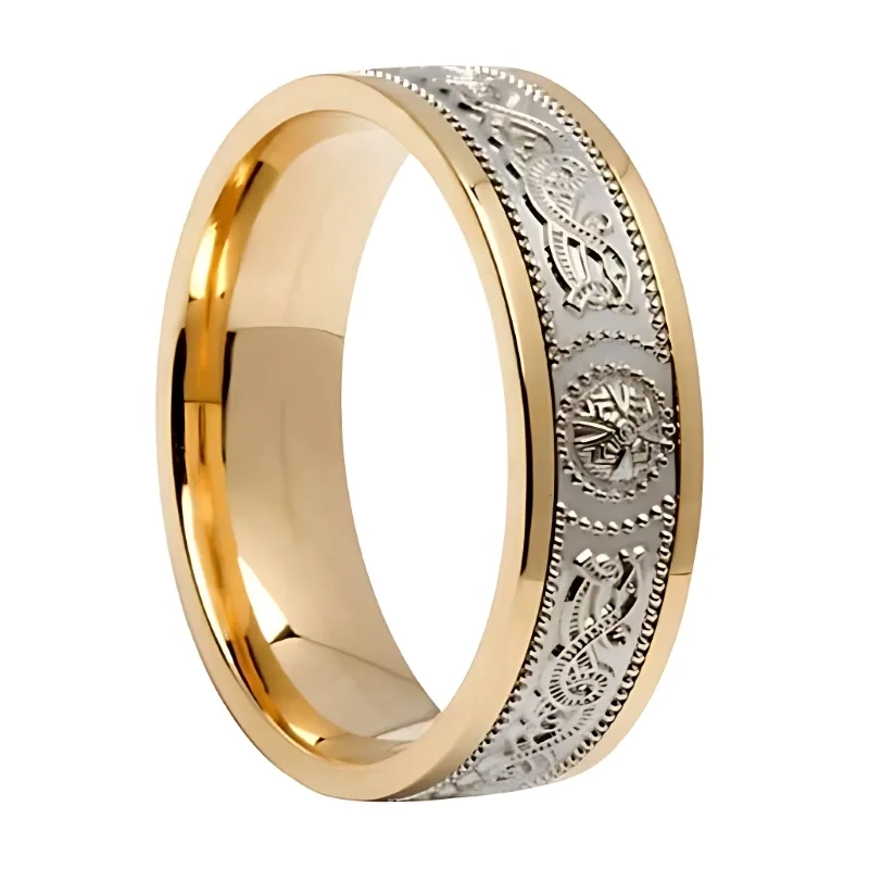 J74021 WHITE Two Tone 10K Gold Celtic Warrior Wedding Ring Front View Gaelsong