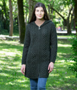  Traditional Aran Long Cable Knit Full Zip Cardigan with Hood Made of Merino Wool Army Green Gaelsong