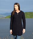 Traditional Aran Long Cable Knit Full Zip Cardigan with Hood Made of Merino Wool Navy Blue Gaelsong