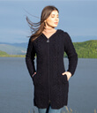 Traditional Aran Long Cable Knit Full Zip Cardigan with Hood Made of Merino Wool Navy Blue Gaelsong