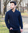 Shawl Collar Sweater for Men Made of Merino Wool Navy Blue Gaelsong