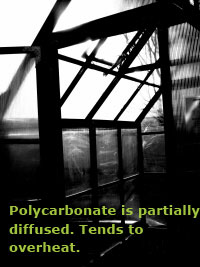 Twin-wall polycarbonate creates a band of partially diffuse light. The light diffusion is better than glass, but the greenhouse will still tend to overheat.