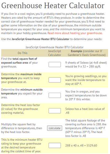 Use this calculator to find out the number of BTUs needed to heat your greenhouse