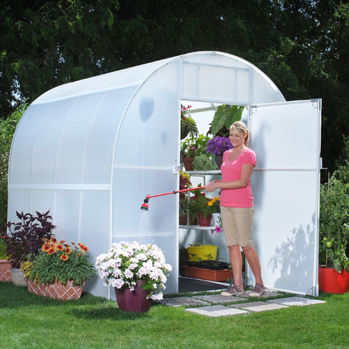 Greenhouse with twin wall polycarbonate covering.