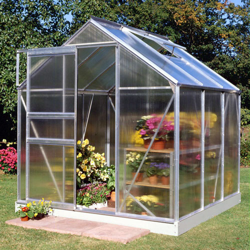 Greenhouse with twin wall polycarbonate covering.