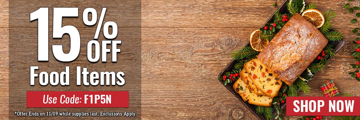 Take 15% off Food Items - USE CODE: F1P5N - SHOP NOW - offer ends 11/09 while supplies last. Exclusions apply.