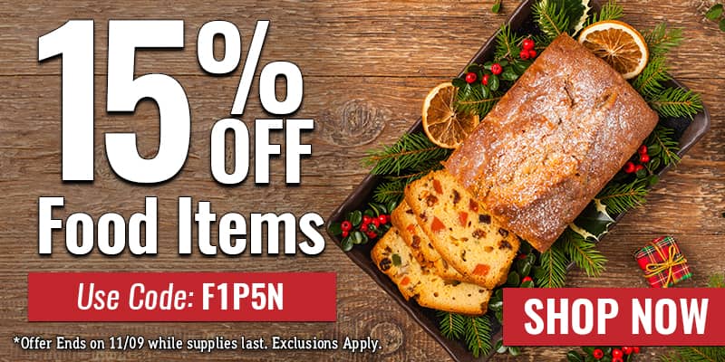 Take 15% off Food Items - USE CODE: F1P5N - SHOP NOW - offer ends 11/09 while supplies last. Exclusions apply.