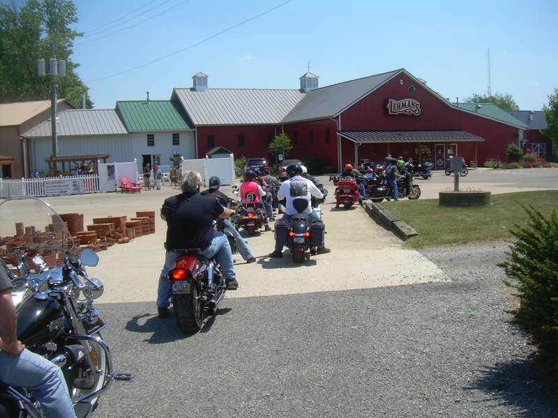 Motorcycle club visiting Lehman's in Kidron, Ohio on a tour