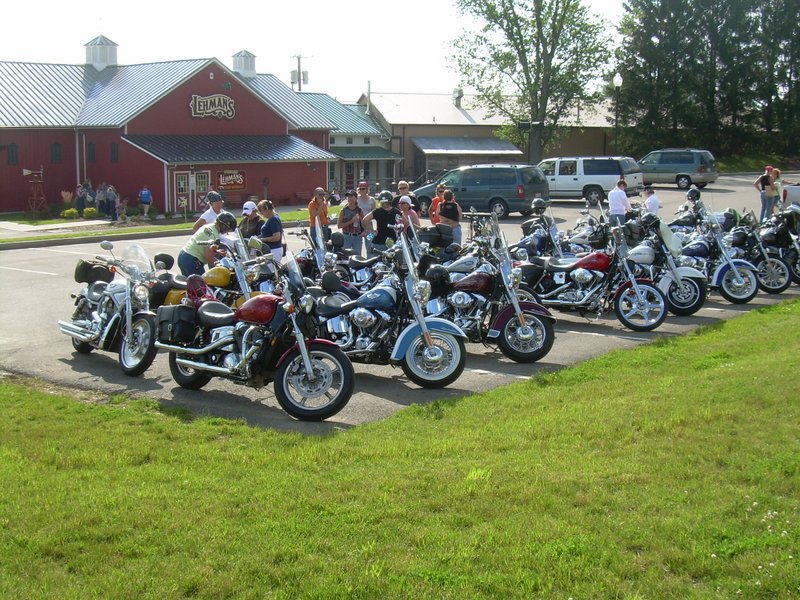 Motorcycle club visiting Lehman's in Kidron, Ohio on a tour